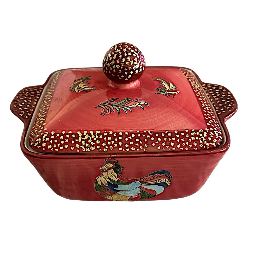 BLUE JEAN CHEF Ceramic Casserole Dish W/ Lid Rooster 1.5QT